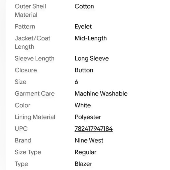 Nine West Ivory Eyelet Notch Blazer One button Sz 6 US - Picture 14 of 14